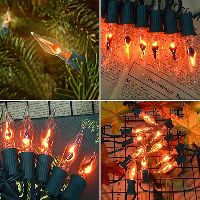 12.8Ft C7 Christmas Lights Flickering Flame String Lights with 12 Pack Clear Flame E12 Light Bulbs(2 Spare), Great for Christmas Decorations Indoor Outdoor Home Patio Party Lights, Green Wire