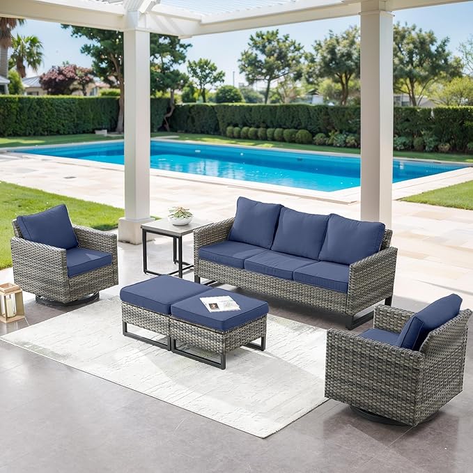 6 Piece Wicker Patio Furniture Set - Outdoor Swivel Rocker Chairs Set with Side Table, 3 Seat Sofa and Ottomans, Small Patio Conversation Sets Proch Furniture for Balcony Deck - Grey/Blue
