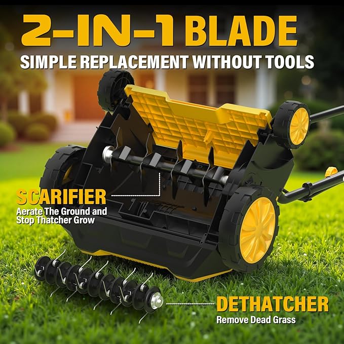 Electric Dethatcher and Scarifier 2-in-1, 13-inch 12Amp Lawn Dethatcher, 4-Position Depth Adjustment with 30L Collection Bag, Quick-Fold, Keeps Lawn Health for Garden & Yard