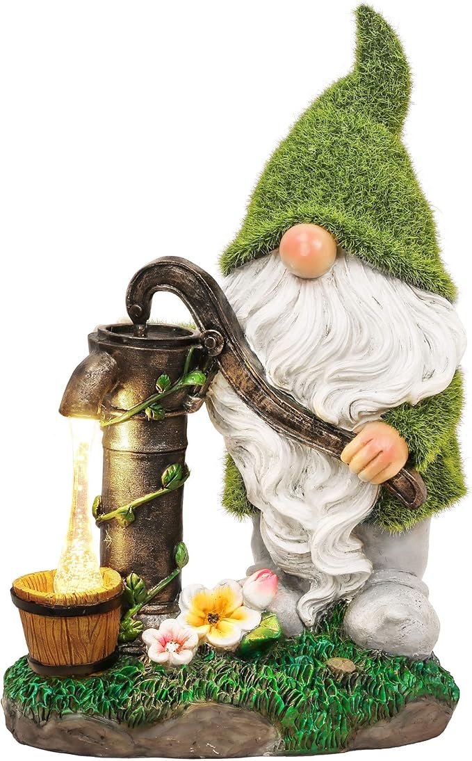 TERESA'S Collections Resin Garden Gnomes Decor with Solar Lights, Light Green Outdoor Decorations for Porch Patio, Gifts for Women and Men，Outdoor Garden Decor Ornaments for Outside, 9"