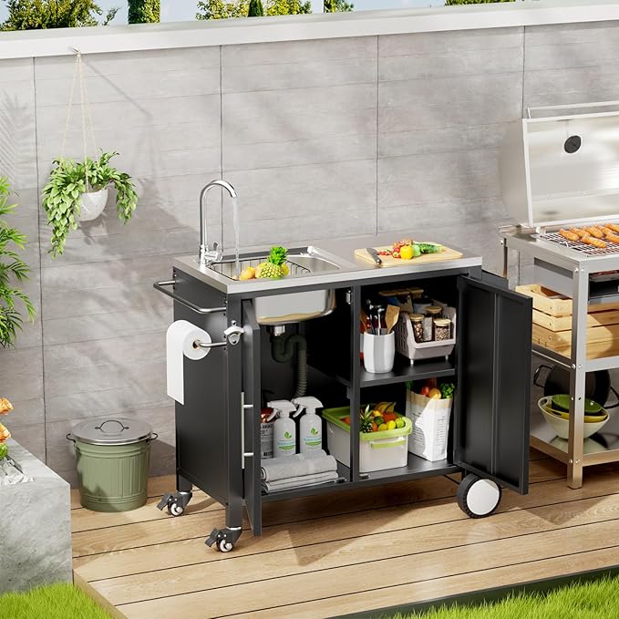 Outdoor Grill Table with Sink, Grill Cart with 304 Stainless Steel Sink and Cabinet, Outdoor Grill Cart,Outdoor Cart Sink Station with Wheels, 38in x 18in x 35in