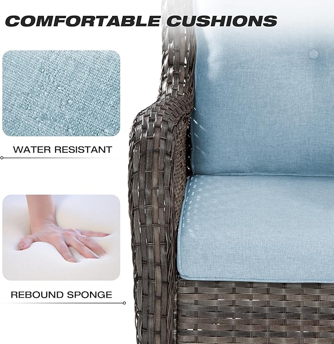 Joyside Outdoor Swivel Rocker Patio Chairs Set of 2 and Matching Side Table - 3 Piece Wicker Patio Bistro Set with Premium & Soft Fabric Cushions(Mixed Grey/Aqua)
