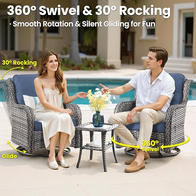 ovios 5 Pieces Patio Furniture Set, Outdoor Wicker Sofa Couch with Swivel Chairs Solar Lights Table, High Back All Weather Modern Conversation Sets, Grey Rattan, Denim Blue