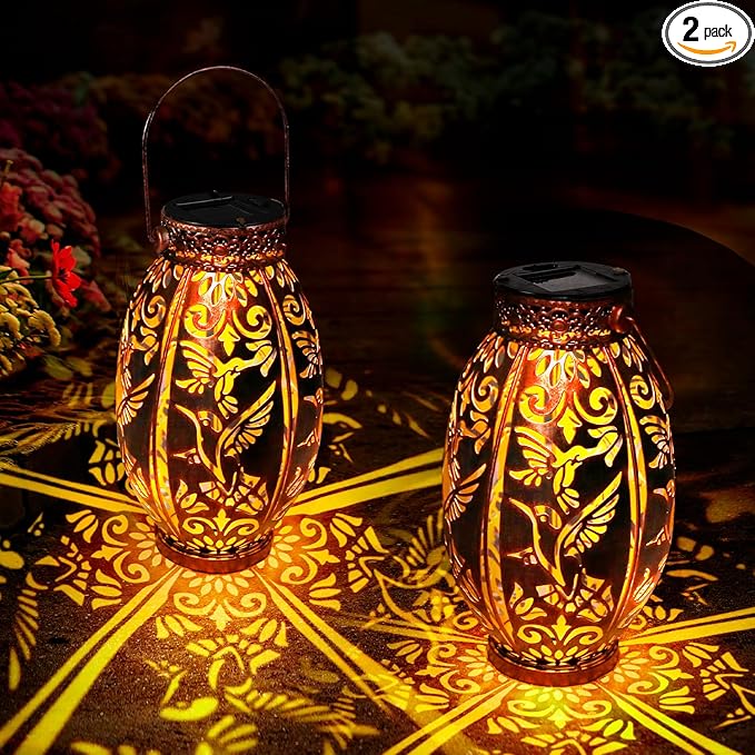 Hummingbird Lantern 2 Pack Solar Lanterns Outdoor Hanging Solar Lights, Upgraded Metal Garden Lanterns - Waterproof LED Decorative Light for Garden Patio Yard Gifts for Mom Grandma Women
