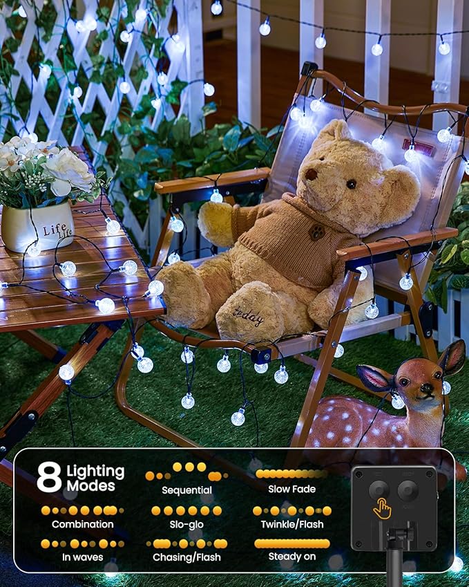 Brightown Solar String Lights Outdoor 60 Led 35.6 Feet 8 Lighting Modes Globe Waterproof Solar Powered Patio Lights for Garden Yard Porch Wedding Party Decor (Pure White)