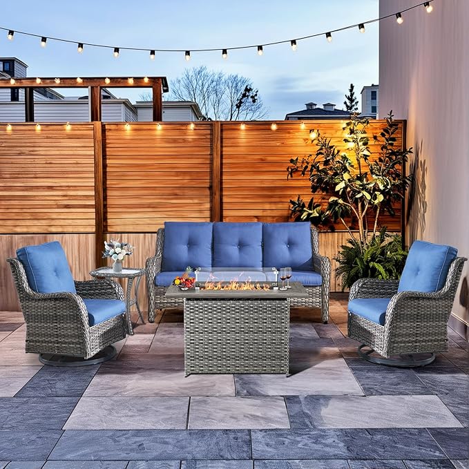 HUMMUH Patio Furniture Set with Fire Pit Table 5-Piece Wicker Outdoor Swivel Rocker Patio Chairs High Back Outdoor Couch Conversation Set for Porch, Backyard, Deck