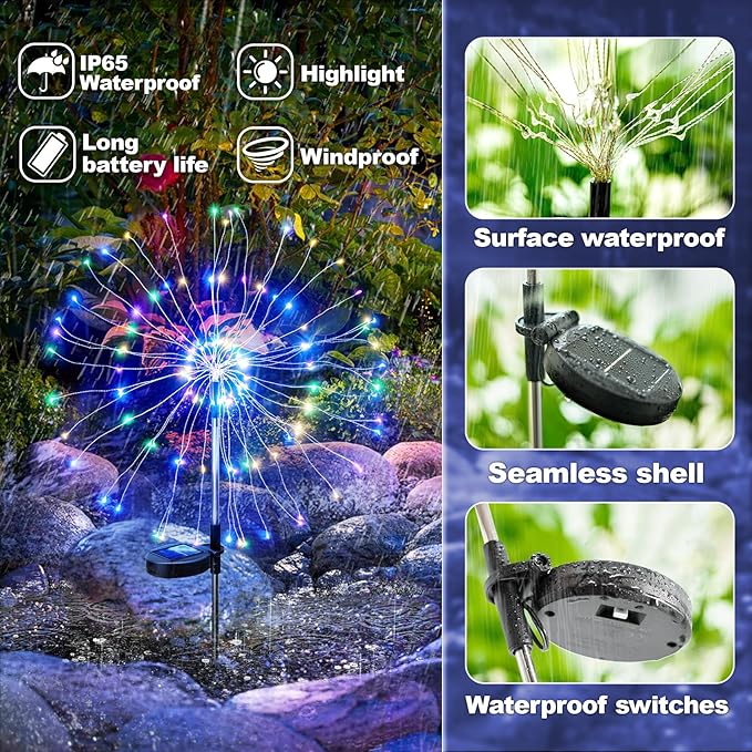 Anordsem Solar Lights Outdoor Waterproof: Garden Light Solar Powered for Yard Outside - Fireworks Lamp Colorful Lighting Patio Decor 4 Pack - LED Sparkler DIY Decorating Gifts for Women Gardener