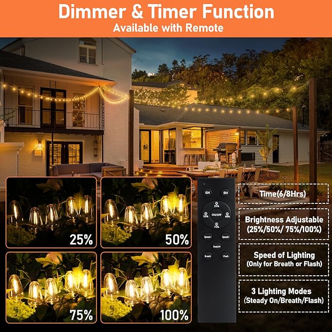 100FT Outdoor Solar String Lights with Remote, USB Rechargeable LED Patio Lights with 52 Timer Dimmable ST38 Edison Bulbs, Enhanced 5W Solar Panel Outside Hanging Lights for Porch Garden Deck Backyard
