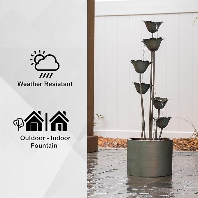 XBrand Freestanding Sculptural Metal Multi-Tiered Flower Water Fountain, No LED Lights, Silver, 35" Tall