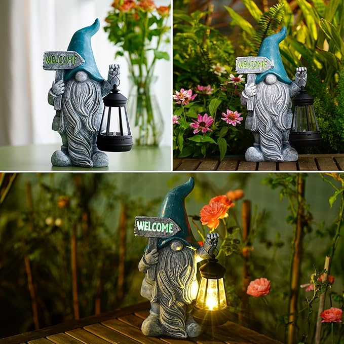 Welcome Gnomes with Solar Lantern - Garden Gnomes with Solar Lights, for Mom or Women, Housewarming Gnome Decorations