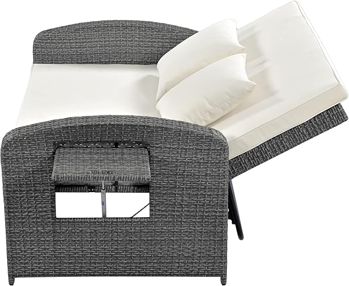 43.7” Patio Rattan Daybed Set, PE Wicker Rattan Double Chaise Lounge, 3-Level Adjustable Back and Cushions, Free Furniture Protection Cover, White