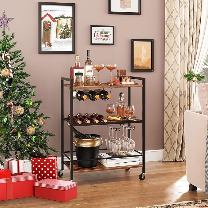 HOOBRO Bar Cart, 3-Tier Coffee Cart with Wheels, Kitchen Cart, Wine Cart with Wine Rack and Glass Holder, Rolling Serving Cart for Home, Living Room, Party, Bar, Rustic Brown and Black BF35TC01G1