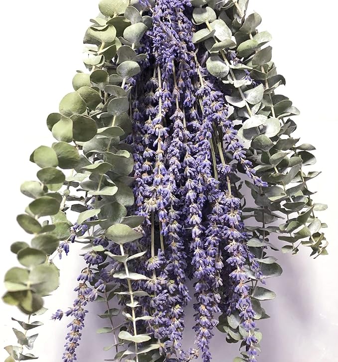 120 PCS Dried Eucalyptus Stems & Lavender Flowers Bundle for Shower, 17'' Natural Real Live Eucalyptus Leaves Greenery Stems & Aromatic Lavender Shower Plant,Gift for Mother,Fragrance, Decor