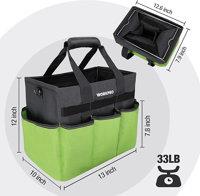 WORKPRO Garden Tool Bag Organizer, Heavy Duty Gardening Tote Bag with 10 Pockets and Long Adjustable Shoulder Strap, Standable Garden Home Tool Kits Organizer, Green