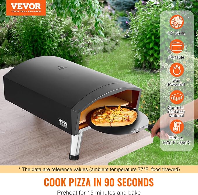 VEVOR Propane Outdoor Pizza Oven, 12 Inch Gas Pizza Maker, Portable Pizza Cooker with Thickened Pizza Stone, Carry Bag, Foldable Leg, Stainless Steel Pizza Oven for Outside Camping & Backyard