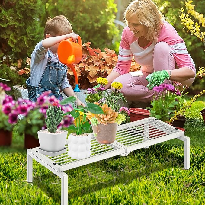 1 Tier Metal Plant Stand Indoor Outdoor, Potted Multiple Flower Pot Holder Rack Plant Shelf, Heavy Duty Planter Display Shelving for Patio Balcony Garden Living Room Decorative (White)