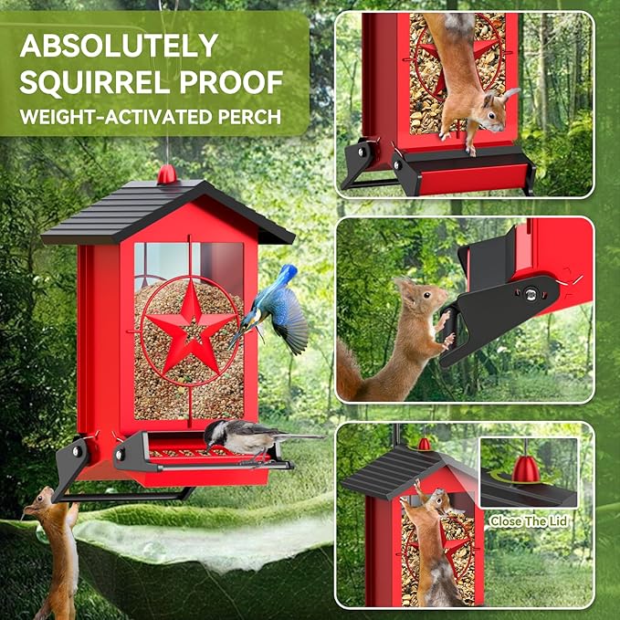 Squirrel Proof Bird Feeder for Outdoors Hanging, Metal Wild Bird Seed Feeder with Bilateral Weight-Activated Perches, 5LB Large Capacity Wild Bird Feeders for Outside Finch, Cardinal, Blue Jay