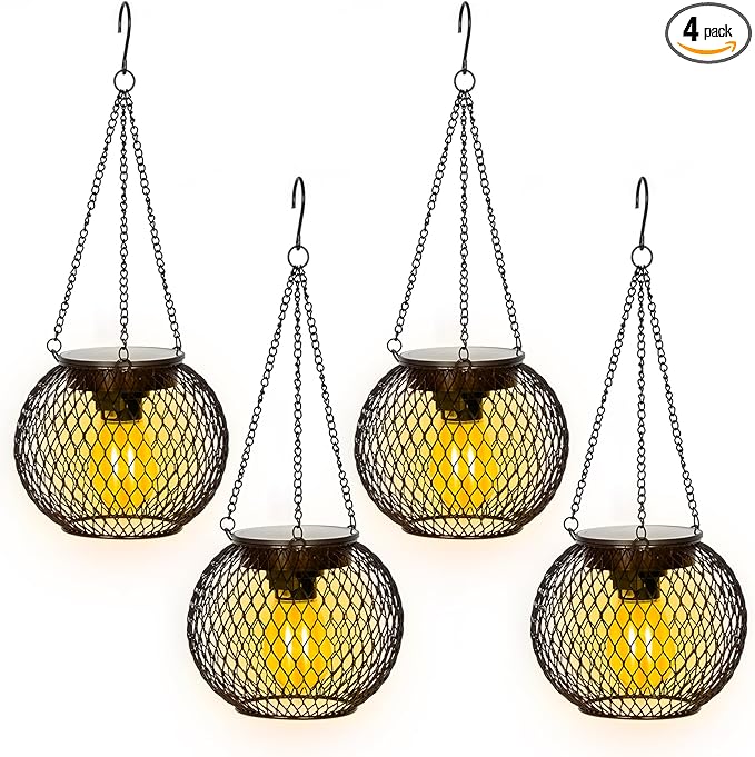 Solar Lanterns Outdoor, 4 Pack Brighter Metal Solar Hanging Lanterns, IP65 Waterproof Solar Lights Outdoor, Gardening Gifts & Decor for Garden Yard Patio Pathway