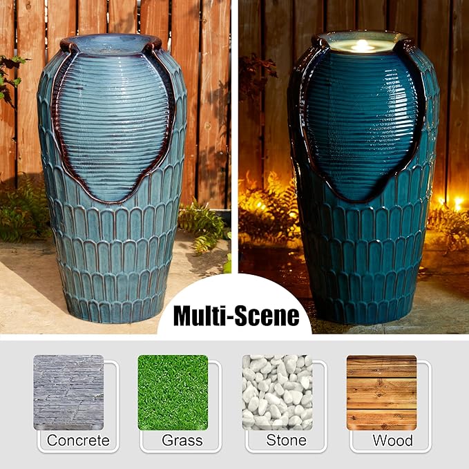 Glitzhome 28.25" H Oversized Ceramic Petals Textured Jar Outdoor Water Fountain, Vintage Turquoise Glaze Vase Patio Garden Waterfall Fountain with LED Light and Submersible Pump