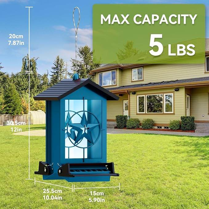 Squirrel Proof Bird Feeder for Outdoors Hanging, Metal Wild Bird Seed Feeder with Bilateral Weight-Activated Perches, 5LB Large Capacity Wild Bird Feeders for Outside Finch, Cardinal, Blue Jay
