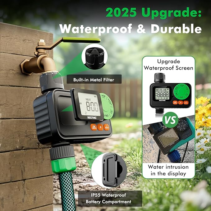 RESTMO Sprinkler Timer, Programmable Water Timer for Garden Hose, Automatic Control | Manual ON/Off | Rain Delay for Outdoor Faucet, Drip Irrigation and Lawn Watering System