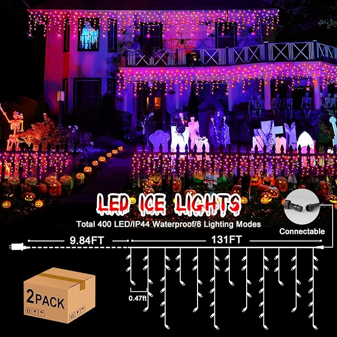 Hezbjiti 2Pack Total 800LED Halloween Lights Purple Orange Icicle Lights 32.8FT Halloween String Lights Outdoor Decoration 8 Modes 75 Drops Fairy Lights for Eaves Party Yard Garden Halloween Decor