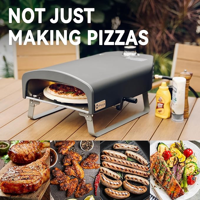 Q Pizza Portable Propane Pizza Oven with Manual Rotating Stone, Tabletop Gas Stove for Outdoor Kitchen, Gas Oven for Making Pizza, Bread, Steak, Pie, PS104