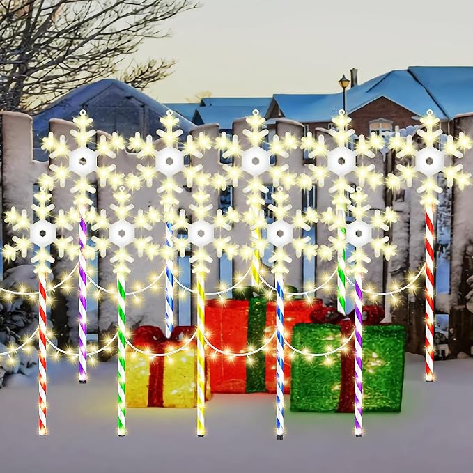 Christmas Pathway Lights Snowflake Outdoor 10PK 28inch 250LED 8 Modes Yard Decoration Flashing Waterproof Outdoor Lighted Up Christmas Light Decor for Garden Yard (Colorful)