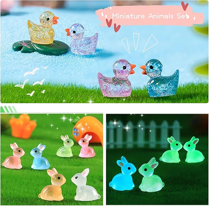 122Pcs Luminous Mini Resin Animal Figurines Glow in The Dark Cute Rabbits Frogs Mushrooms Glitter Ducks 4 Combination Miniature Figurines Set for Office Garden Decoration Aquarium Home Party Decor