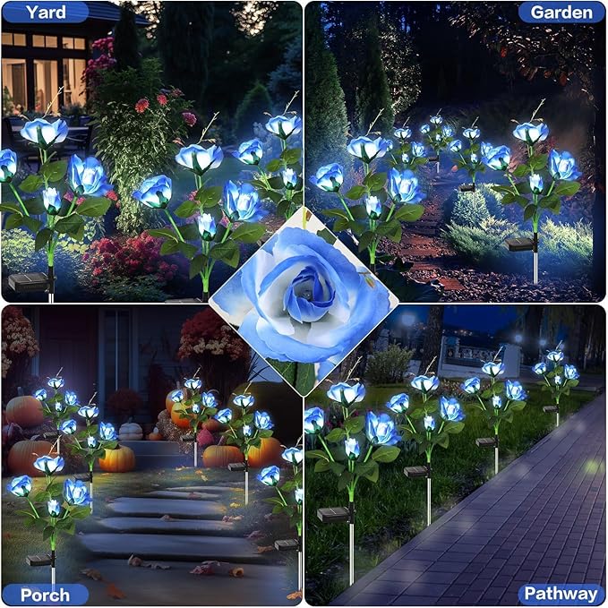 Solar Garden Lights Outdoor, 4 Pack Solar Flower Lights Outdoor Waterproof with 16 Rose, 2 Modes Realistic Rose Flower for Yard, Pathway, Garden Decor & Gardening Gift