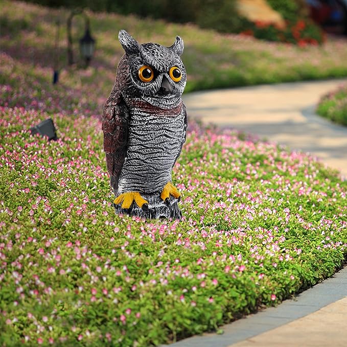 Hausse Fake Owl Decoy Bird Scarecrow Sculpture, 13.6 Inch Plastic Horned Owl Bird Deterrents, Garden Protectors, Nature Enemy Pest Repellent for Outdoor Garden Yard