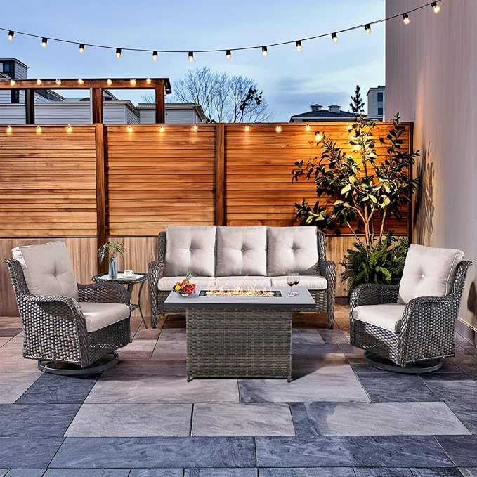 HUMMUH Patio Furniture Set with Fire Pit Table 5-Piece Wicker Outdoor Swivel Rocker Patio Chairs High Back Outdoor Couch Conversation Set for Porch, Backyard, Deck