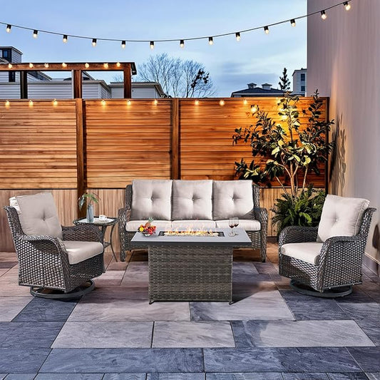 HUMMUH Patio Furniture Set with Fire Pit Table 5-Piece Wicker Outdoor Swivel Rocker Patio Chairs High Back Outdoor Couch Conversation Set for Porch, Backyard, Deck