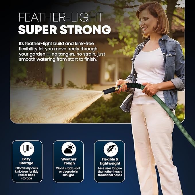 TITAN Flexible Garden Hose 10FT – Ultra Lightweight, Heavy Duty Water Hose with Brass Fittings & Jet Nozzle – Kink-Free, Non-Expanding, Durable Fabric Hose for Yard, Lawn, Car Wash, Outdoor Use