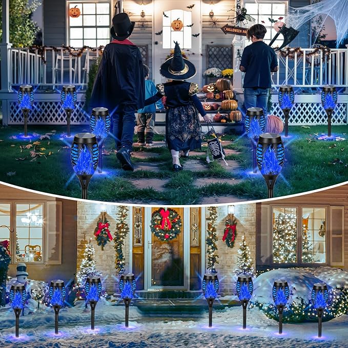 4 Pack Solar Torch Lights Outdoor Waterproof - Blue Flickering Flame, Outdoor Solar Garden Lights for Yard, Tiki Torches for Outside Patio Pathway Decorations