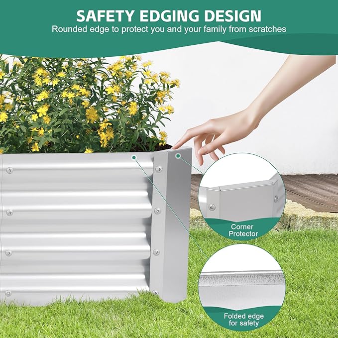 Galvanized Raised Garden Bed - 4x2x1ft Metal Garden Planter Box Outdoor | Steel Raised Bed Kit with Bracing Rods, Gloves for Gardening Vegetables Fruits and Flowers (Silver)