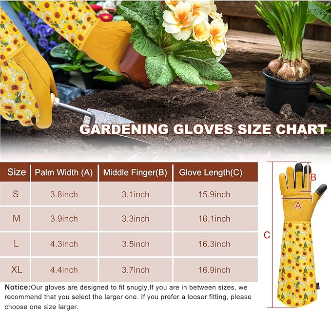 DLY Gardening Gloves for Women, Rose Gloves Gardening Thorn Proof, Long Garden Gloves for Women, Breathable Cowhide Leather Gauntlet (X-Large, Yellow