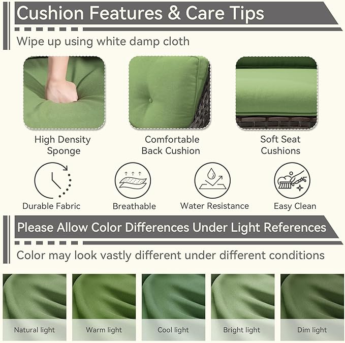 1 PC Outdoor Rocking Chair, Wicker Patio Rocker Chair for Yard, Porch, Mixed Brown Grey Rattan, Green Cushions