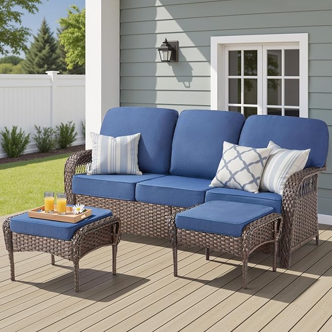 Patio Furniture Set, All Weather 3 Pieces Wicker Outdoor Small Sectional Set, 5" Thick Rattan Conversation Set with 3-seat Sofa and Ottoman for Lawn, Garden, Blue/Brown Wicker