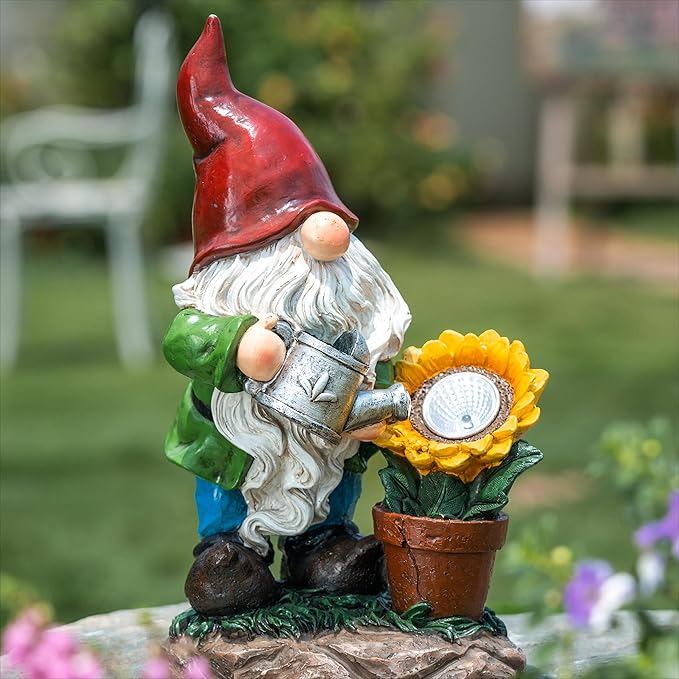 TERESA'S COLLECTIONS Sunflower Garden Gnomes Decorations for Yard with Solar Lights, Cute Resin Garden Sculptures & Statues for Outdoor Patio Lawn Ornaments,Ideal Gifts for Mom Women and Man, 11.4"