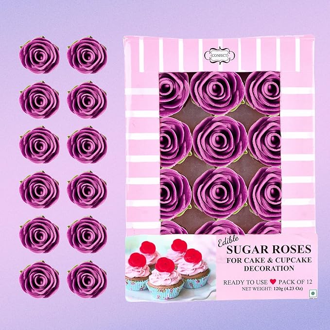 Confect Edible Rose Cake Toppers For Cupcakes & Doughnut Edible Toppers Roses for Cake Decorations - Fuchsia Pink | Vegan, Gluten-Free, Soy-Free, Dairy-Free, Palm Oil-Free -Pack of 12