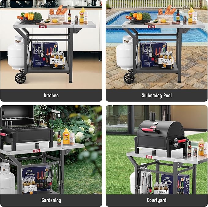 Outdoor Grill Table, 40’’x20’’ Movable Pizza Oven Table with Wheels, Stainless Steel Countertop Grill Cart with Storage Shelf & Foldable Extension, 6 Extra Hooks,for BBQ Food Prep