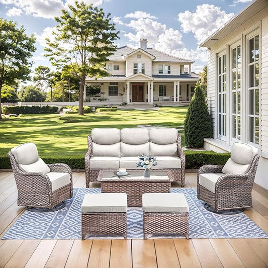 HUMMUH Wicker Patio Furniture Set 6 Inch Thick Cushion Outdoor Swivel Rocker Patio Chairs with Deep Seat Sofa 6PCS Outdoor Furniture Set for Porch Garden Deck