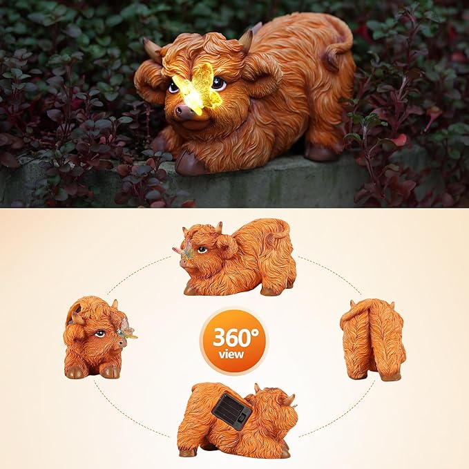 Highland Cow Solar Powered Outdoor Garden Statue, Resin Highland Cow Statue with Solar Light Lantern, Decorative Lawn, Yard Outdoor Highland Cow Decor. Unique home decorations, gifts for women