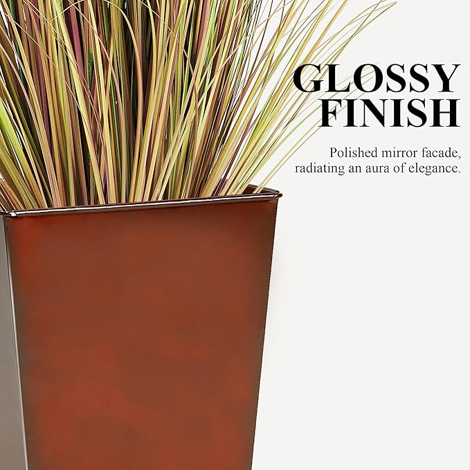 WORTH Garden 28" Large Metal Glazed Planter Set of 2, Luxurious Glossy Finish Red Tall Square Tapered Steel Plant Pots, Decor Flower Pot Indoor & Outdoor, Drainage Hole & Dual-Purpose Plant Saucer