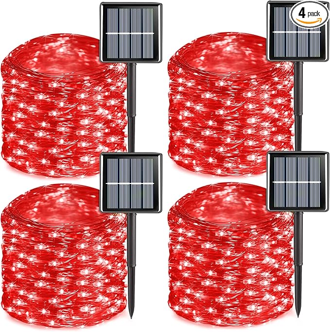 YEGUO 4 Pack Red Solar Fairy Lights Outdoor Waterproof, Each 33ft 100 LED String Light, 8 Modes Silver Wire
