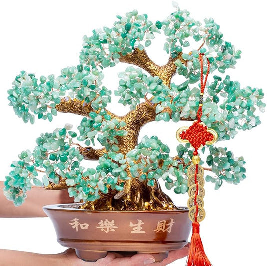 Natural Aventurine (1,251 Gemstone Count) Chakra Crystal Tree with Healing Properties - Home & Office Bonsai Feng Shui Money Tree Decoration for Luck, Success and Intelligence - 14"