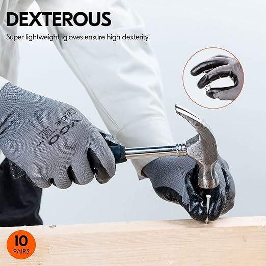 Vgo... 10-Pairs Safety Work Gloves, Gardening Gloves, Non-slip Nitrile coating, Dipping Gloves (Size M, Gray, NT2110)