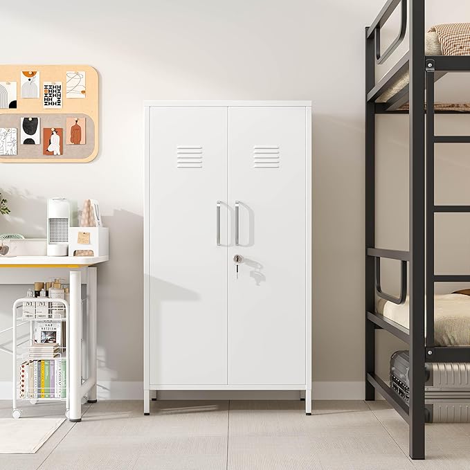 47" Metal Storage Locker, Lockable Employees Metal Locker with 2 Door and Adjustable Shelves, Steel Locker for Home, School, Office, Gym (White)