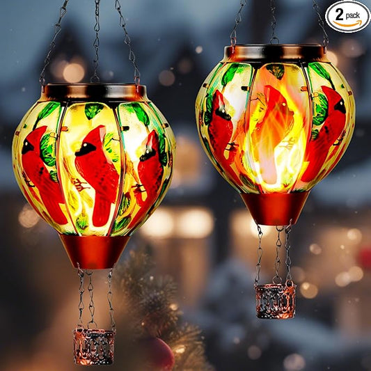 2 Pack Cardinal Solar Hot Air Balloon Lantern with Flame, Outdoor Christmas Decorations Flickering Solar Lights, Glass Hanging Solar Lantern Waterproof, Gardening Gifts for Outdoor Garden Patio Decor